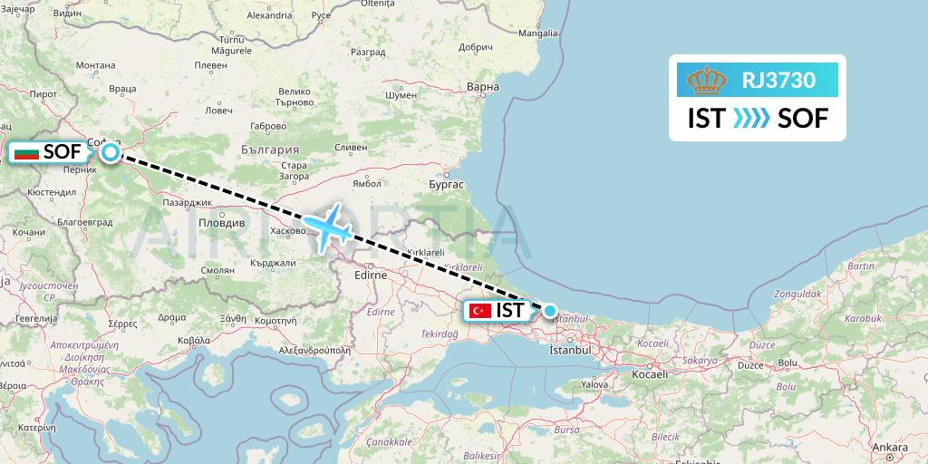 RJ3730 Royal Jordanian Flight Map: Istanbul to Sofia