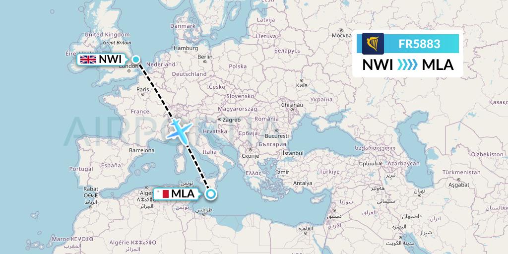 FR5883 Ryanair Flight Map: Norwich to Malta