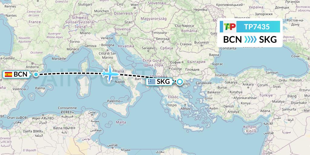 TP7435 TAP Portugal Flight Map: Barcelona to Thessaloniki