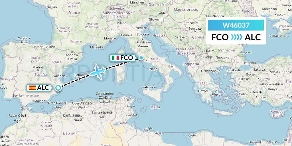 W46037 Wizz Air Malta Flight Map: Rome to Alicante