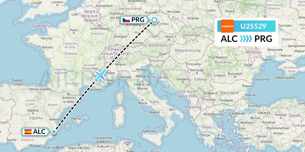 U25529 EasyJet Flight Map: Alicante to Prague