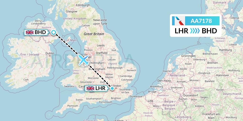 AA7178 American Airlines Flight Map: London to Belfast