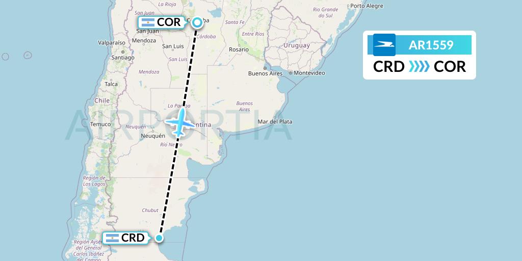 AR1559 Aerolineas Argentinas Flight Map: Comodoro Rivadavia to Cordoba