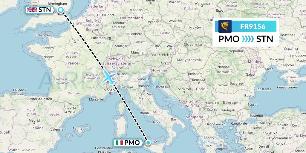 FR9156 Ryanair Flight Map: Palermo to London