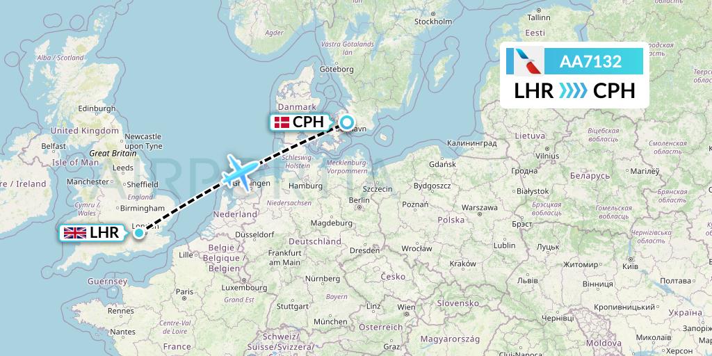 AA7132 American Airlines Flight Map: London to Copenhagen