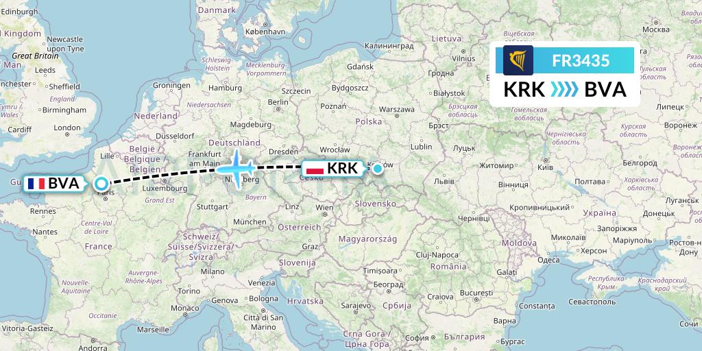FR3435 Ryanair Flight Map: Krakow to Paris