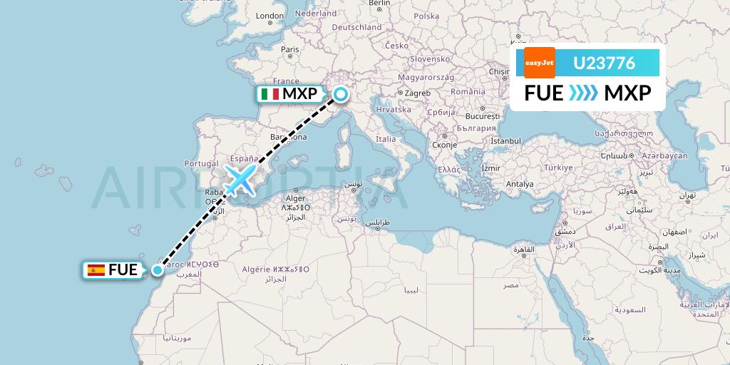 U23776 EasyJet Flight Map: Fuerteventura to Milan