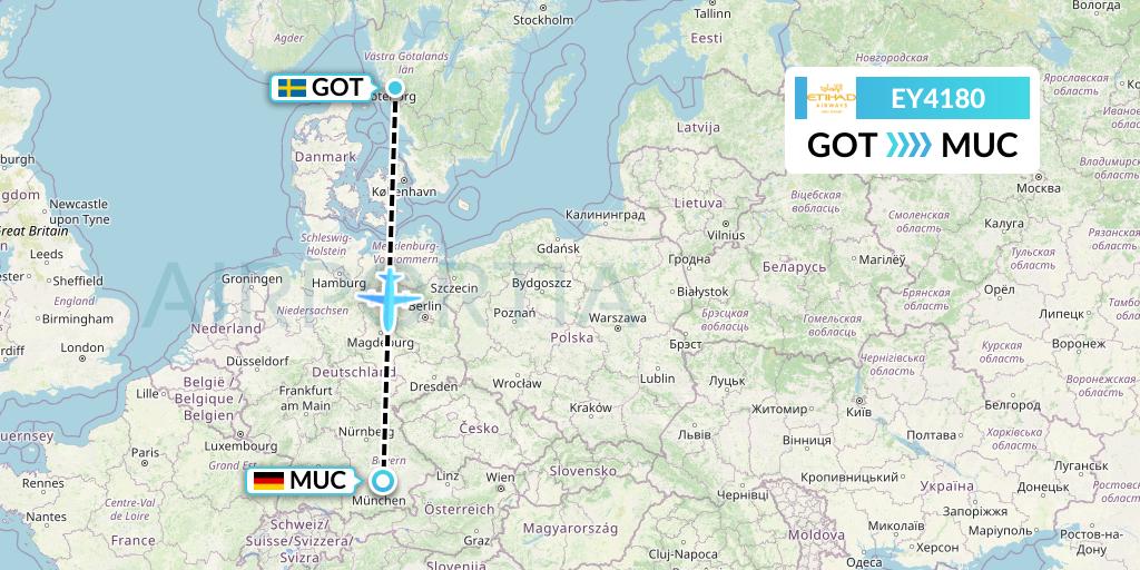 EY4180 Etihad Airways Flight Map: Gothenburg to Munich
