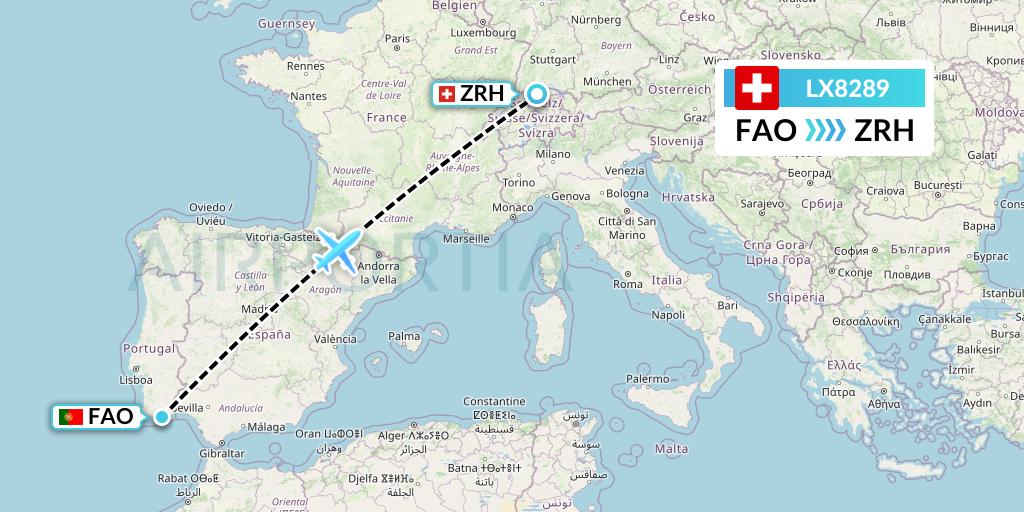 LX8289 Swiss Flight Map: Faro to Zurich
