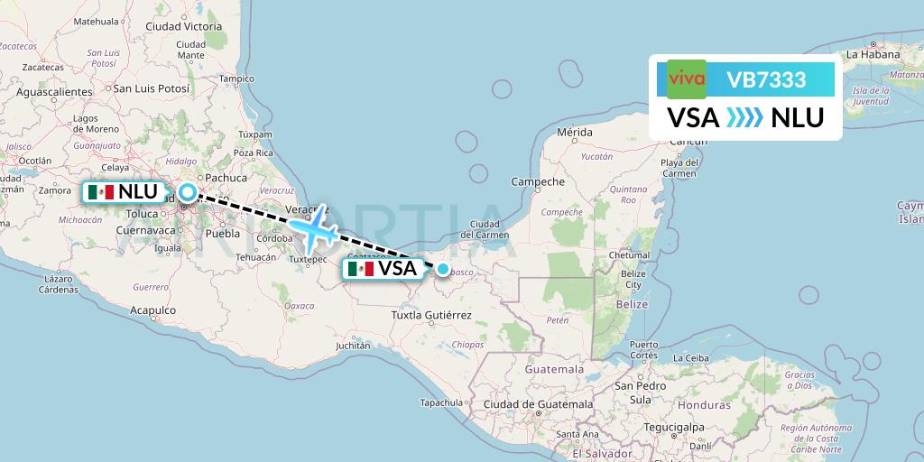VB7333 VivaAerobus Flight Map: Villahermosa to Reyes Acozac