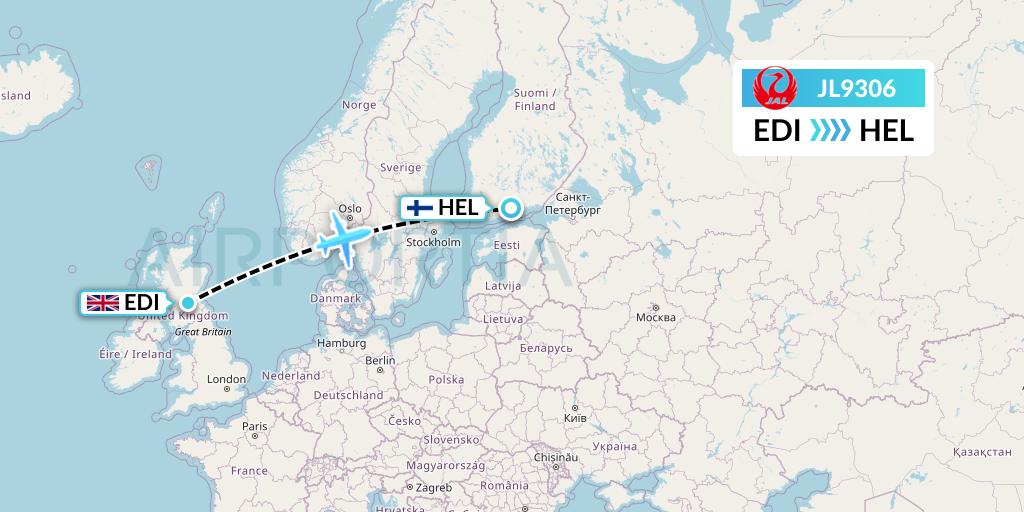 JL9306 Japan Airlines Flight Map: Edinburgh to Helsinki
