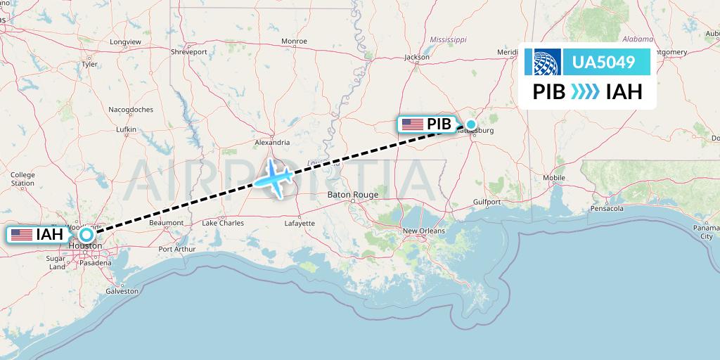 UA5049 United Airlines Flight Map: Hattiesburg to Houston