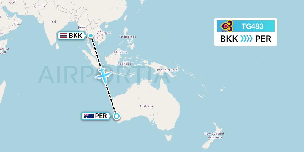 TG483 Thai Airways Flight Map: Bangkok to Perth