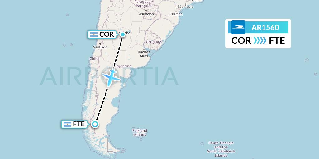 AR1560 Aerolineas Argentinas Flight Map: Cordoba to El Calafate