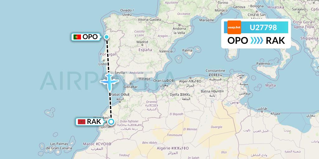 U27798 EasyJet Flight Map: Porto to Marrakesh 