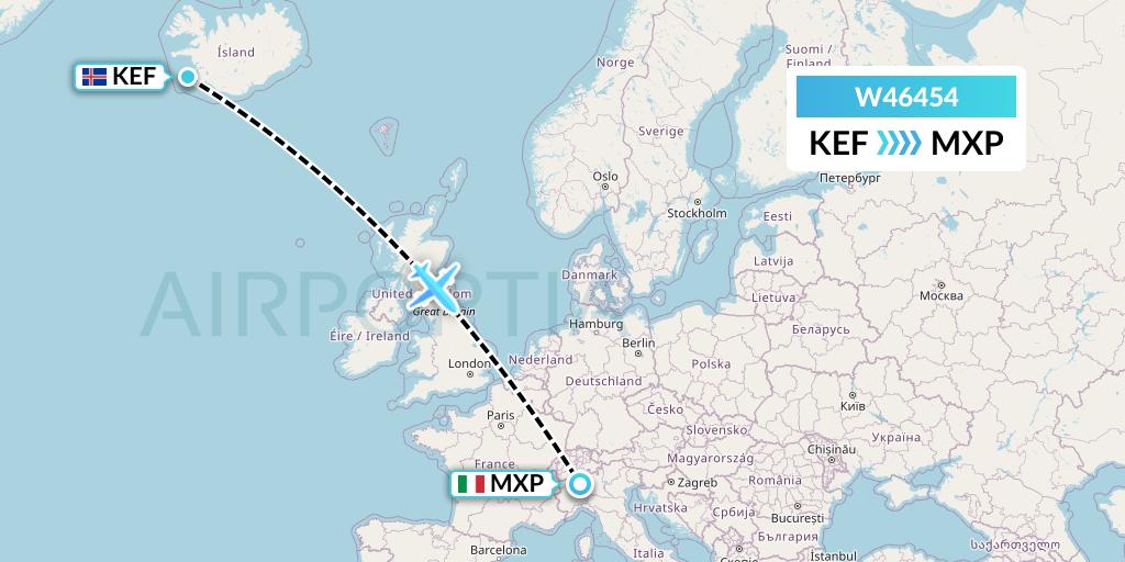 W46454 Wizz Air Malta Flight Map: Reykjavik to Milan
