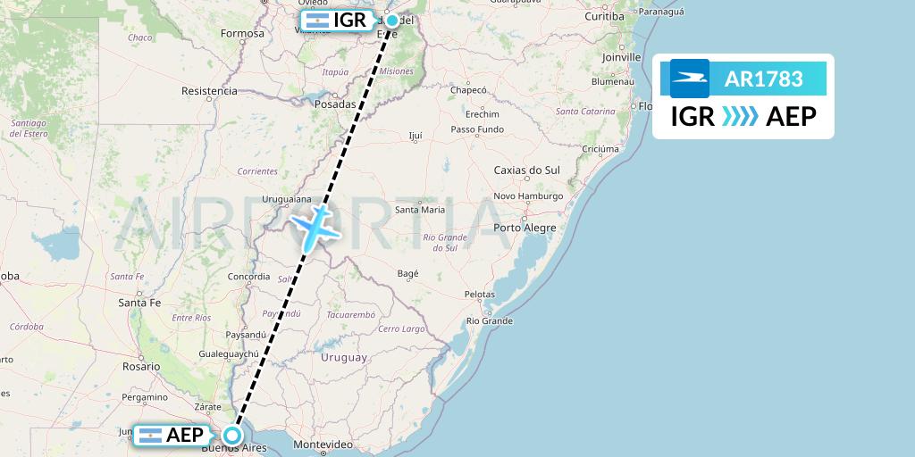 AR1783 Aerolineas Argentinas Flight Map: Puerto Iguazu to Buenos Aires