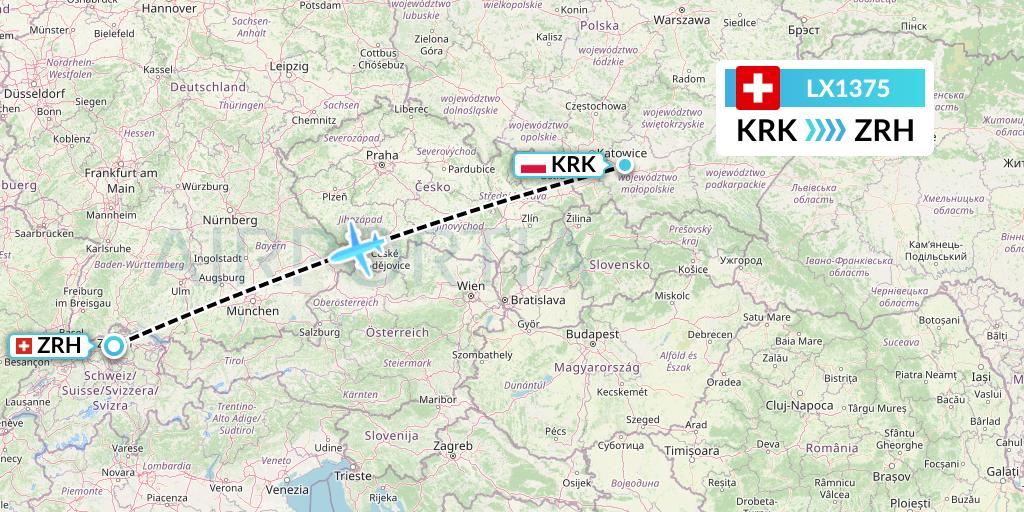 LX1375 Swiss Flight Map: Krakow to Zurich