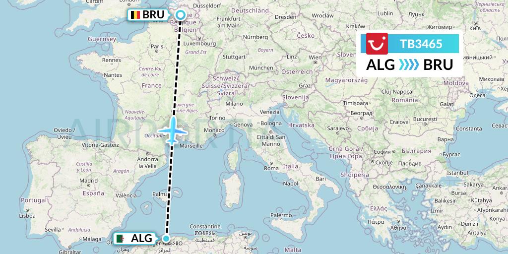 TB3465 TUI fly Belgium Flight Map: Algiers to Brussels