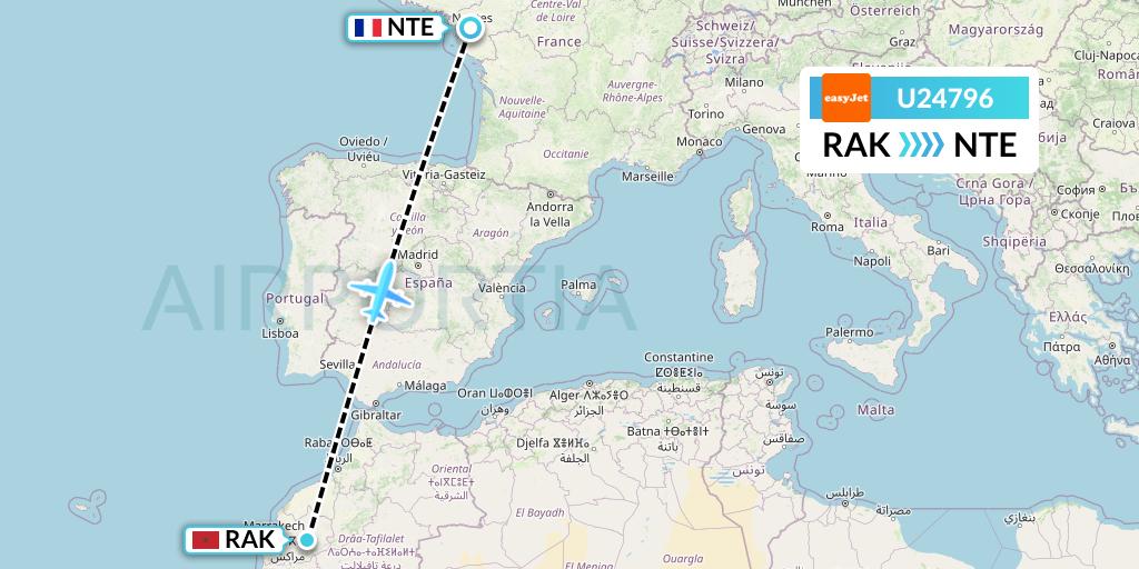 U24796 EasyJet Flight Map: Marrakesh to Nantes