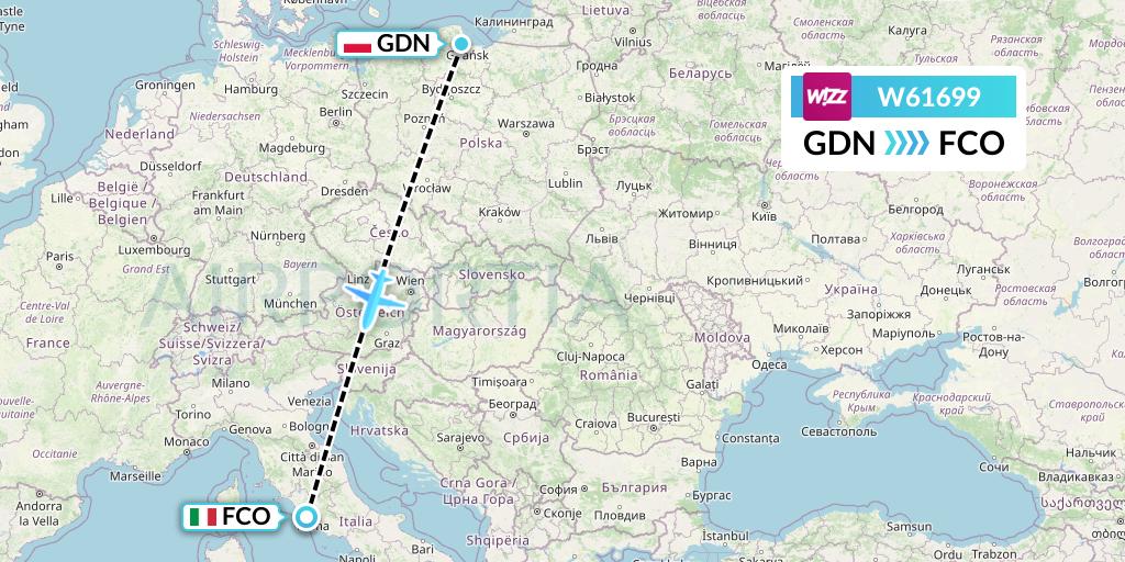 W61699 Wizz Air Flight Map: Gdansk to Rome