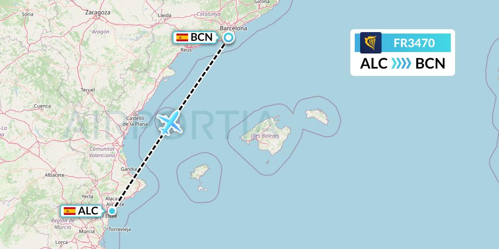 FR3470 Ryanair Flight Map: Alicante to Barcelona