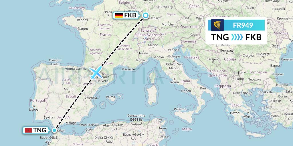 FR949 Ryanair Flight Map: Tangier to Karlsruhe/Baden-Baden