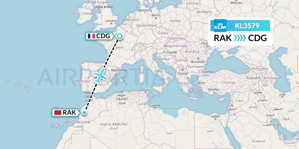 KL3579 KLM Flight Map: Marrakesh to Paris