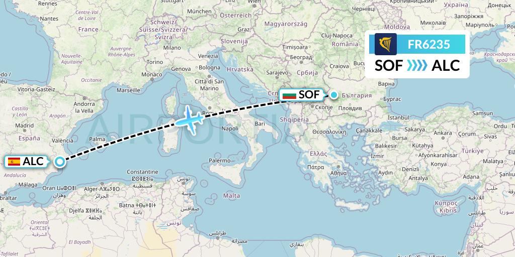 FR6235 Ryanair Flight Map: Sofia to Alicante