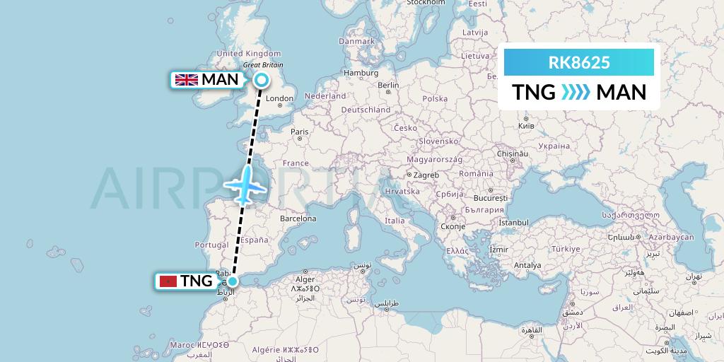 RK8625 Ryanair UK Flight Map: Tangier to Manchester