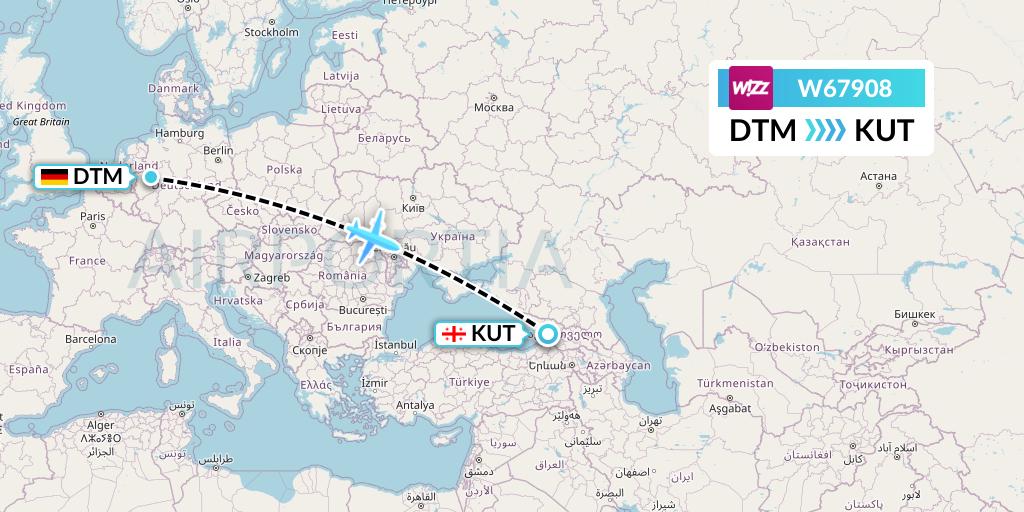 W67908 Wizz Air Flight Map: Dortmund to Kutaisi