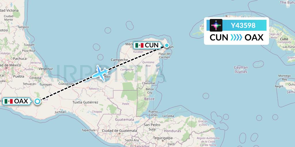 Y43598 Volaris Flight Map: Cancun to Oaxaca