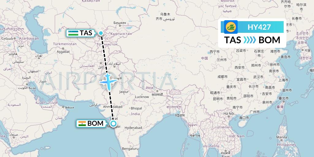 HY427 Uzbekistan Airways Flight Map: Tashkent to Mumbai