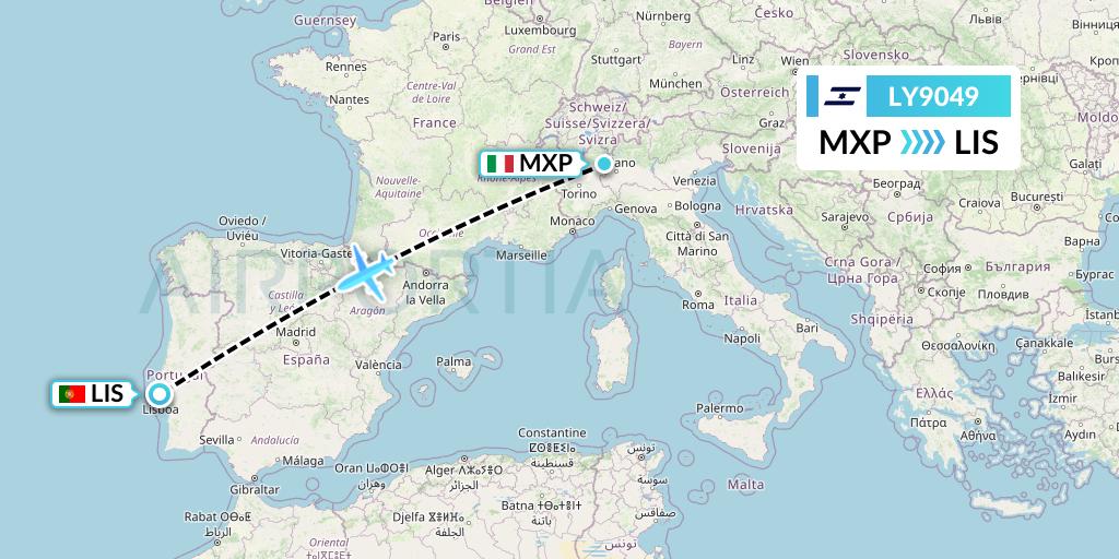 LY9049 El Al Flight Map: Milan to Lisbon