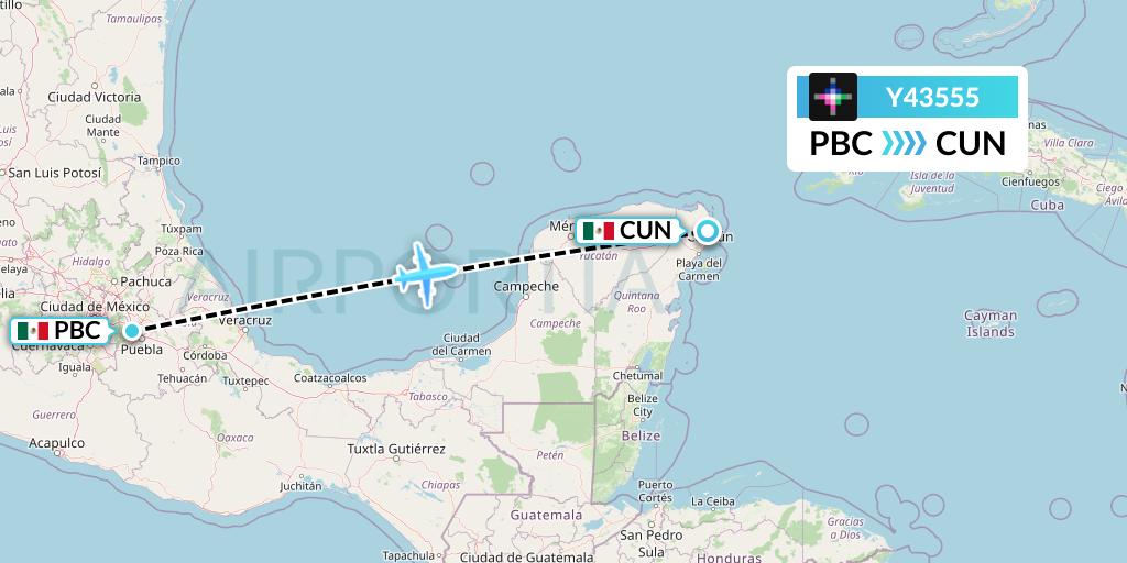 Y43555 Volaris Flight Map: Puebla to Cancun