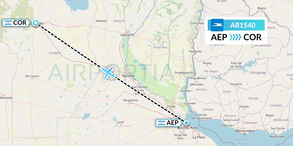 AR1540 Aerolineas Argentinas Flight Map: Buenos Aires to Cordoba
