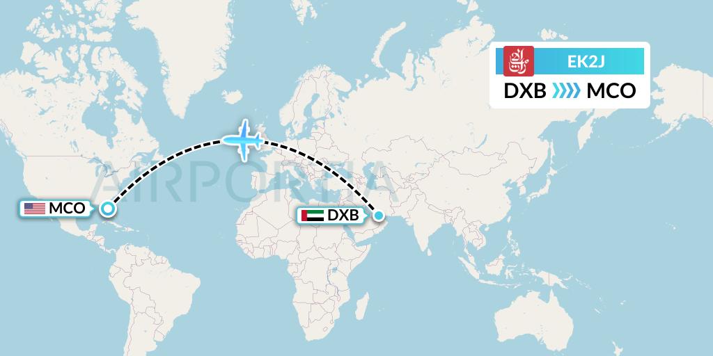 EK2J Emirates Flight Map: Dubai to Orlando