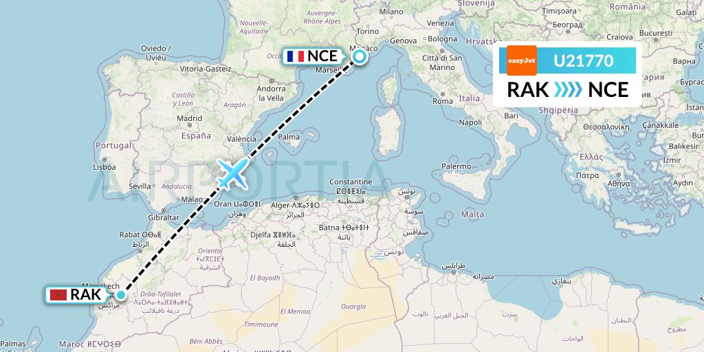 U21770 EasyJet Flight Map: Marrakesh to Nice