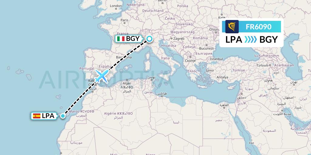 FR6090 Ryanair Flight Map: Las Palmas to Milan