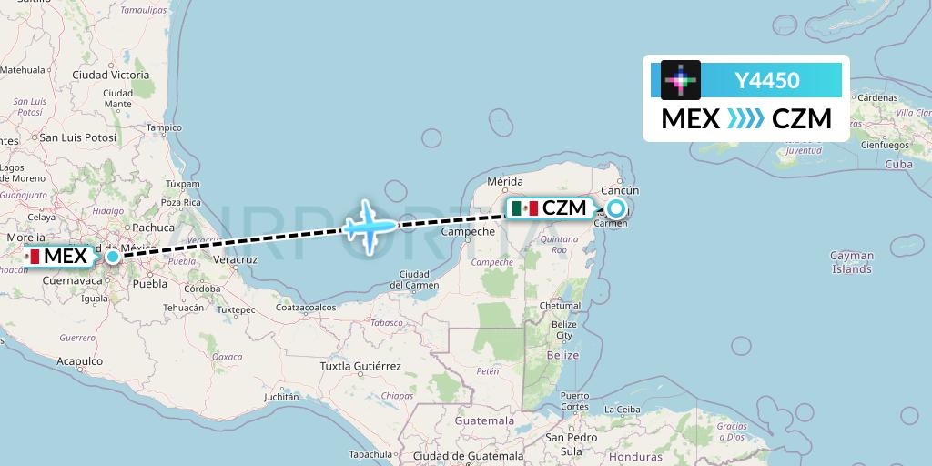 Y4450 Volaris Flight Map: Mexico City to Cozumel