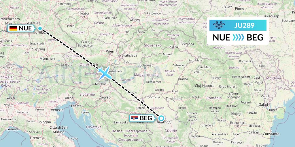JU289 AirSERBIA Flight Map: Nurnberg to Belgrade