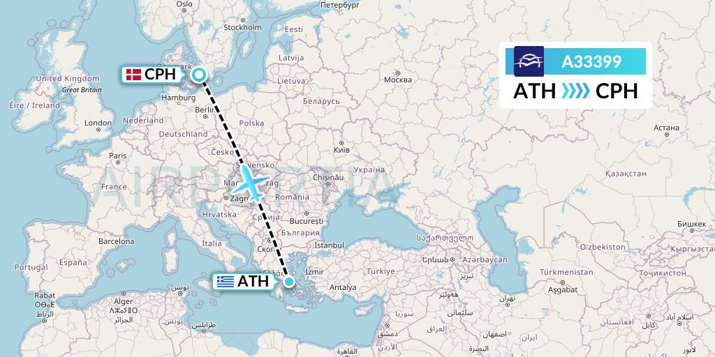 A33399 Aegean Airlines Flight Map: Athens to Copenhagen