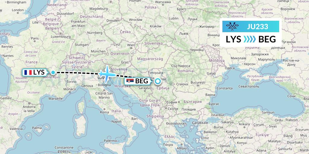 JU233 AirSERBIA Flight Map: Lyon to Belgrade