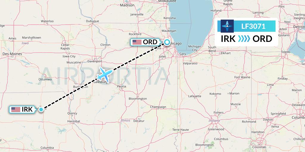 LF3071 Corporate Flight Management Flight Map: Kirksville to Chicago