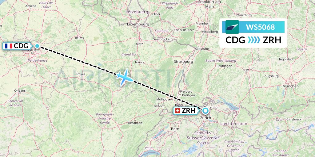 WS5068 WestJet Flight Map: Paris to Zurich