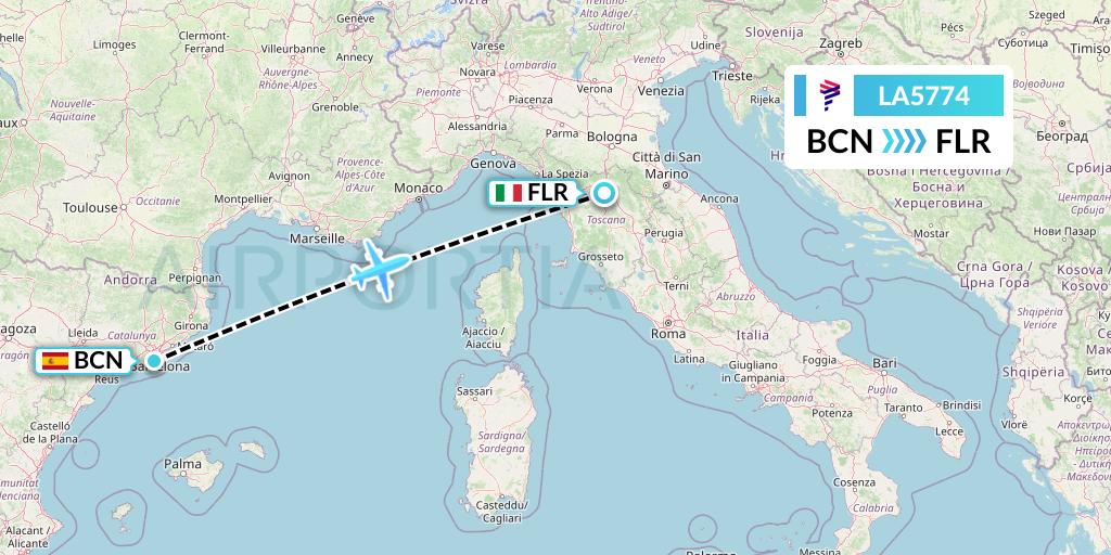 LA5774 LAN Airlines Flight Map: Barcelona to Florence
