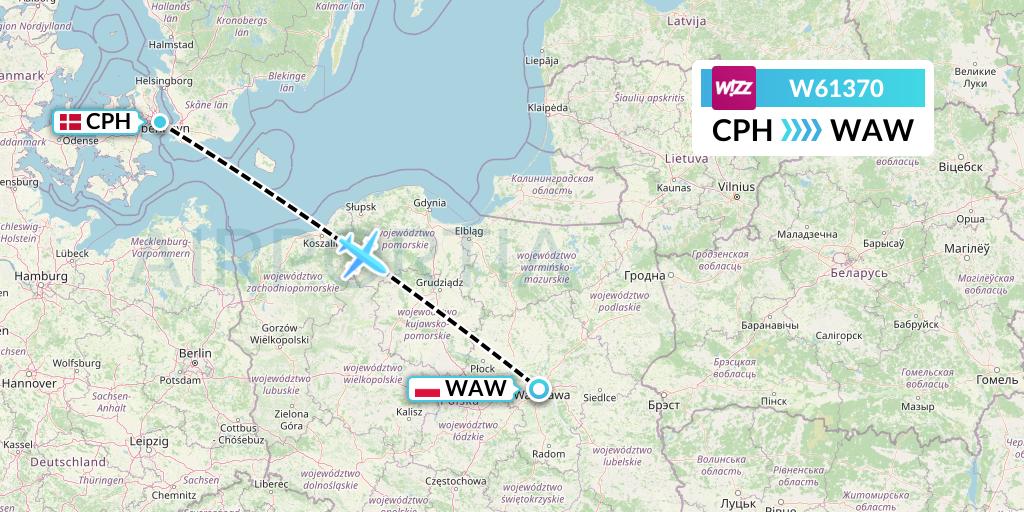 W61370 Wizz Air Flight Map: Copenhagen to Warsaw