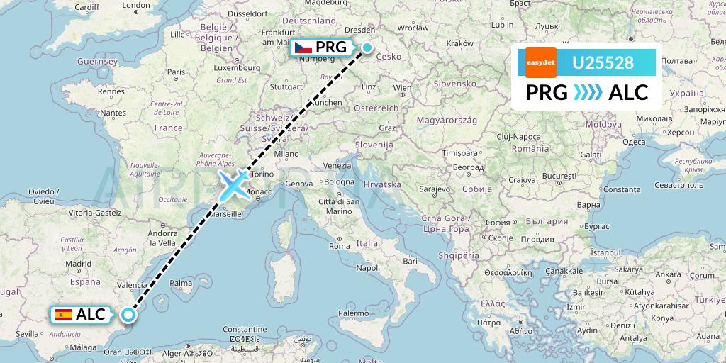 U25528 EasyJet Flight Map: Prague to Alicante
