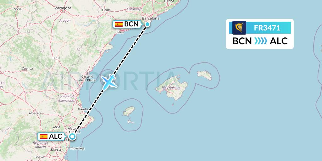 FR3471 Ryanair Flight Map: Barcelona to Alicante