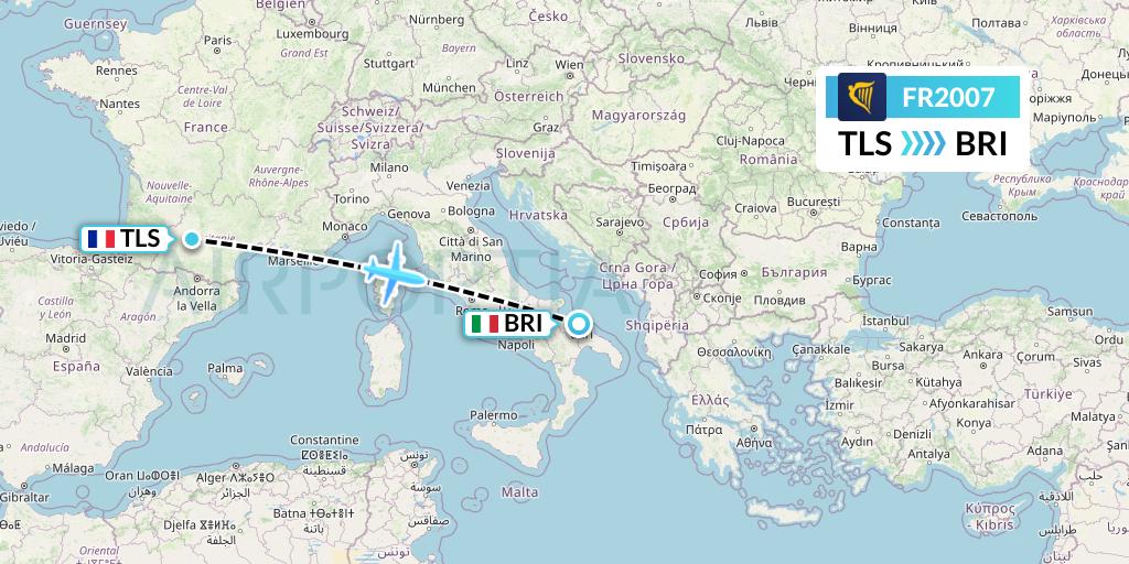 FR2007 Ryanair Flight Map: Toulouse to Bari